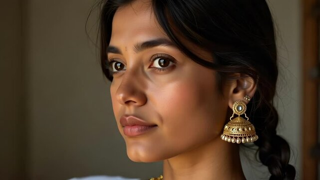 Portrait of a forty-two year old Indian woman wearing gold jewelry including jhumkas and her hair in a braid