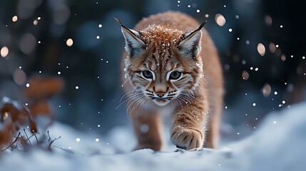 Wild bobcat walking through snowy forest during winter storm with bokeh lights and falling snowflakes creating magical atmosphere in nature.