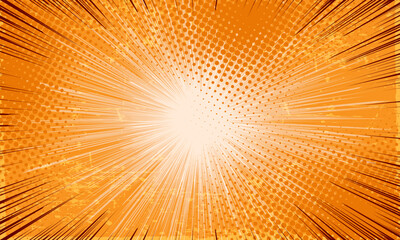 Light orange sunburst pattern with grunge and halftone effect background. Abstract sun rays flare background. Bright comic sunburst effect background for templates, sales banners, events, ads, web, 