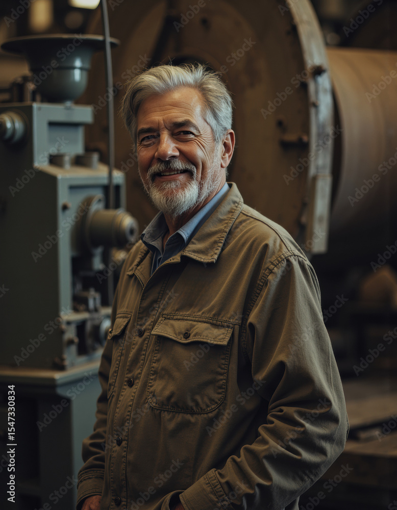Poster paper mill worker smiling beside a pulping machine in a factory setting