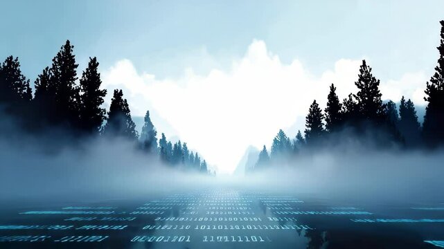 Digital binary code overlays misty forest landscape with tall pine trees, blending technology and nature futuristic atmosphere digital landscape with binary code, mist, pine trees, and serene mood