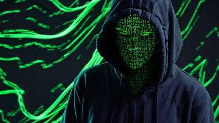 Digital hacker wearing hoodie with binary code mask in dark setting, symbolizing cybersecurity breach, data theft, anonymous internet activity, and identity protection in cyber warfare landscape - Powered by Adobe