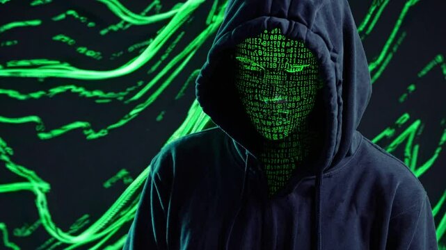 Digital hacker wearing hoodie with binary code mask in dark setting, symbolizing cybersecurity breach, data theft, anonymous internet activity, and identity protection in cyber warfare landscape