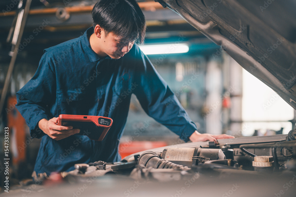 Poster a mechanic inspects a car engine using a diagnostic tool in a dimly lit garage workshop.