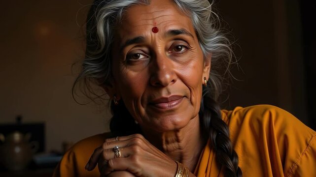 Gentle Portrait of a Sixty Year Old Indian Woman with Silver Braid Deep-set Eyes and Aging Signs