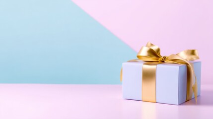 A beautifully wrapped pastel gift box with a golden ribbon on a colorful background
