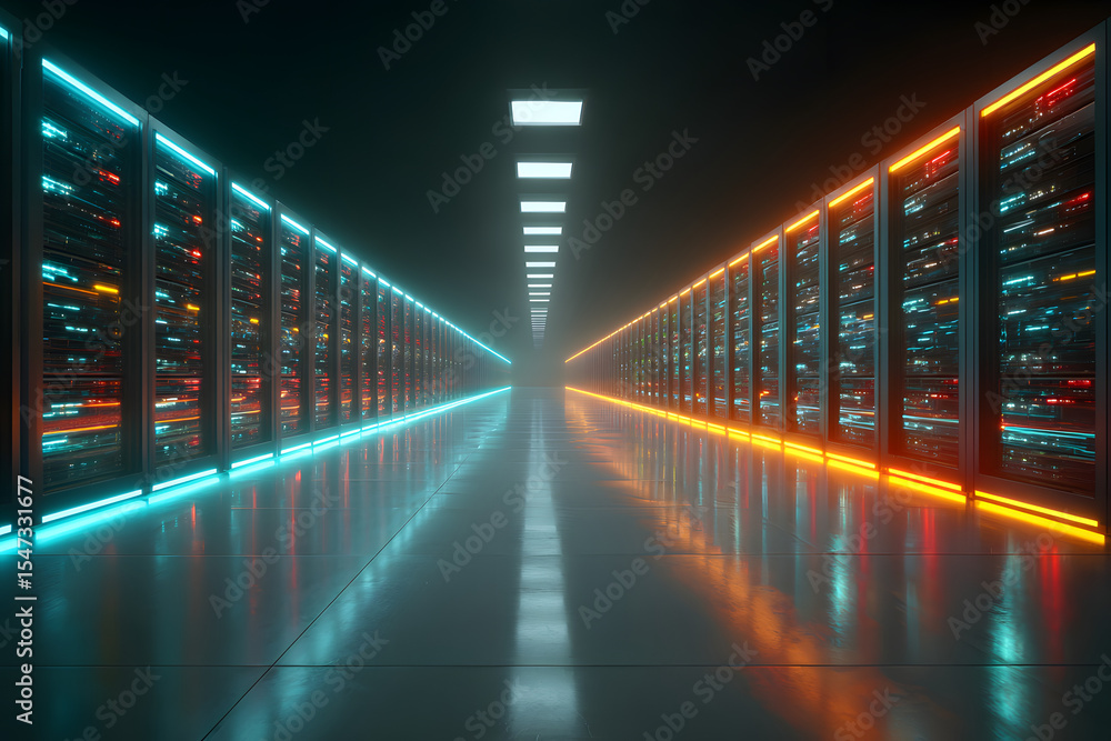 Poster high-tech data center corridor with glowing servers and dynamic light trails in futuristic industry 