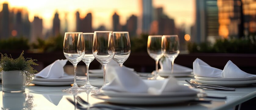 Outdoor dining table set with elegant tableware and wine glasses against sunset skyline for romantic dinner or special occasion in urban setting.