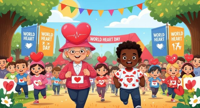 Crowd of people run a heart health marathon in a park setting