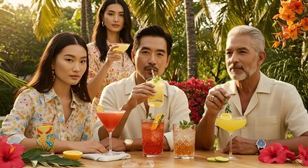 Asian people, adult men and women enjoying refreshing cocktails outdoors. Vacation, holiday and party concept