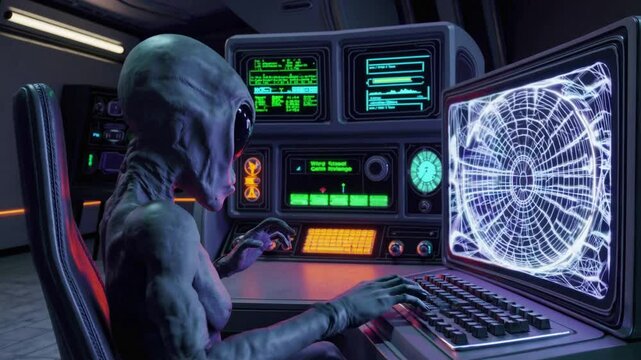 Alien working at futuristic computer with glowing screens, symbolizing galactic navigation, extraterrestrial control systems, sci-fi technology, and advanced space mission interface