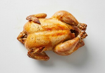 Top view Whole roasted chicken with crispy skin isolated on white background