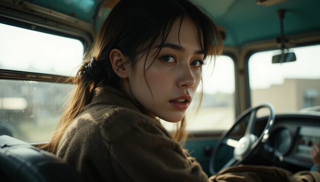 Fototapeta Woman Inside Vintage Car Looking Back with Calm Expression