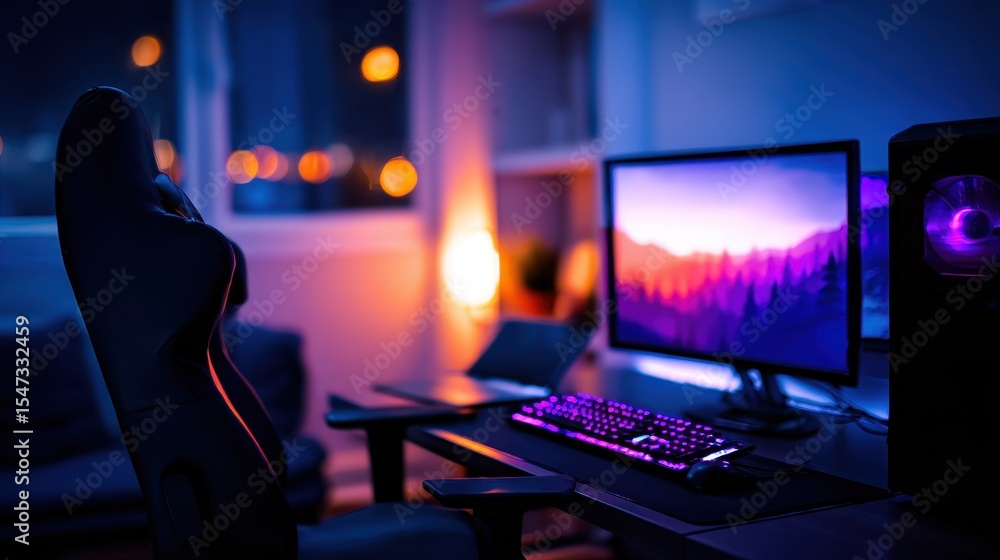 Poster cozy gaming setup at night with illuminated keyboard and monitor displaying a scenic landscape