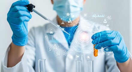 Scientist in lab coat using pipette and test tube, conducting research with digital interface overlay, modern medical technology concept