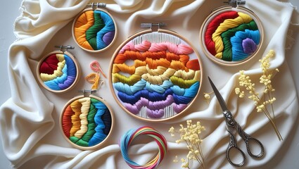 Obraz premium Pride flag patterns – surrounded by scissors, soft fabric, and dried flowers.