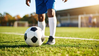 Obraz premium Young boy playing soccer, kicking the ball across the green field in a competitive game