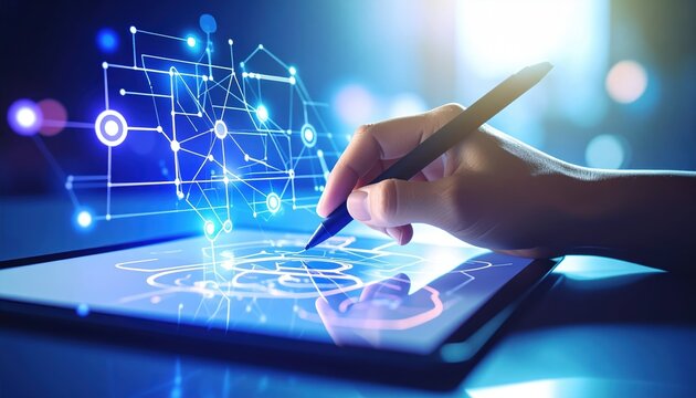 Hand using stylus on tablet designing futuristic network connection digital interface Innovative technology concept