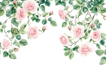 Elegant watercolor illustration of delicate pink roses on a vine against a white background.