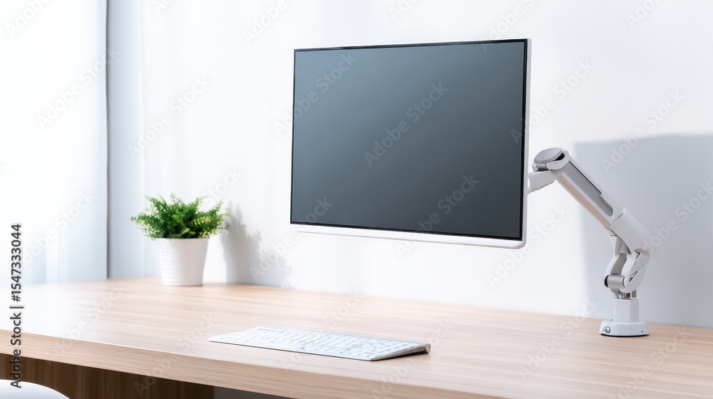 Poster modern workspace featuring a sleek monitor on an adjustable arm with a minimalist desk setup