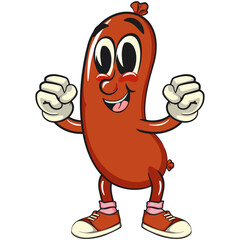 Cheerful sausage cartoon mascot be healthy and strong enough to become a champion, meat snack character illustration, isolated high-quality vector perfect for branding and design, work of hand drawn