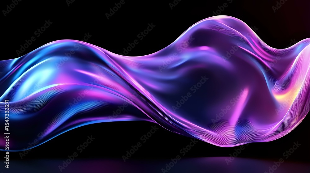 Poster vibrant flowing abstract wave in neon purple and blue colors with smooth glossy texture against dark