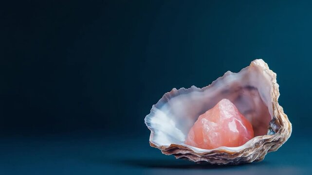 Oyster shell with pink crystal on dark background