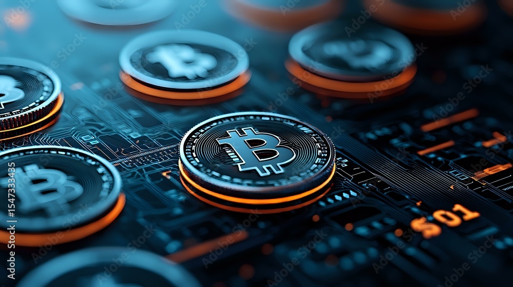 Poster physical cryptocurrency coins with bitcoin symbol scattered on circuit board background with glowing