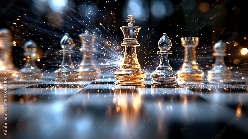 Poster glass chess pieces on reflective surface with dramatic lighting and bokeh effects, creating magical 