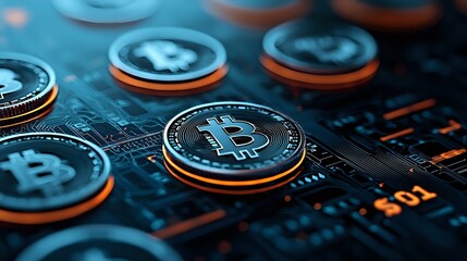 Physical cryptocurrency coins with bitcoin symbol scattered on circuit board background with glowing orange and blue tech elements. Digital finance concept.
