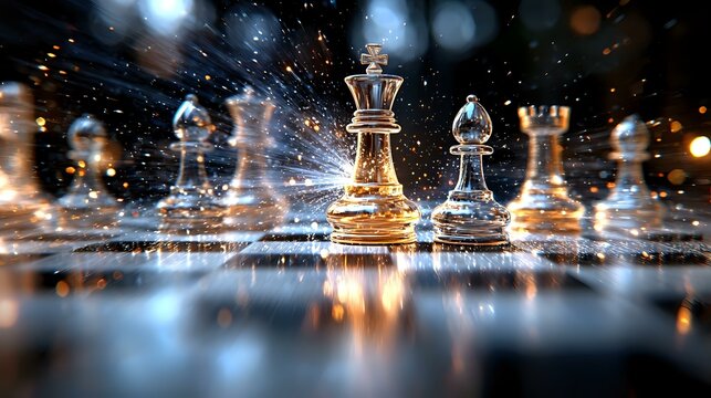 Glass chess pieces on reflective surface with dramatic lighting and bokeh effects, creating magical atmosphere with focus on queen piece amid dynamic composition.