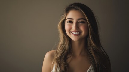Naklejka premium Portrait of young woman smiling confidently with long hair, casual outfit, natural makeup, cheerful expression, friendly vibe, lifestyle photography, beauty.