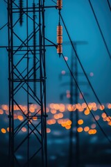 Power lines at dusk illuminating city lights with blurred background showcasing electrical infrastructure and urban landscape in the evening sky.