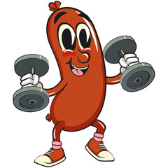 Cheerful sausage cartoon mascot doing barbell lifting workout, fun meat snack character illustration, isolated high-quality vector perfect for branding and design use, work of hand drawn