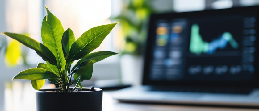 Potted plant on desk with laptop displaying financial graphs, indoor office environment, modern workspace, productivity, home office decor, plant care.