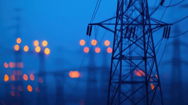 Power lines and electricity pylons illuminated at night in urban landscape with glowing lights, energy distribution, electrical infrastructure, industrial background.