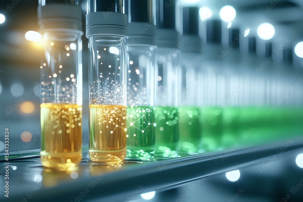 Poster glass test tubes with colorful yellow and green liquid samples in modern laboratory setting with bok
