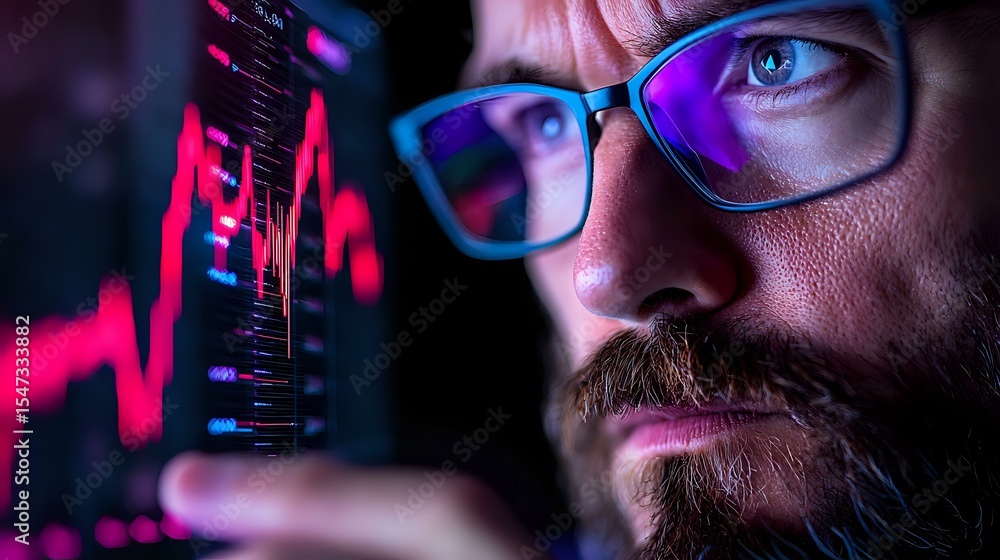 Poster bearded man in glasses illuminated by vibrant neon lights examines financial data charts and market 