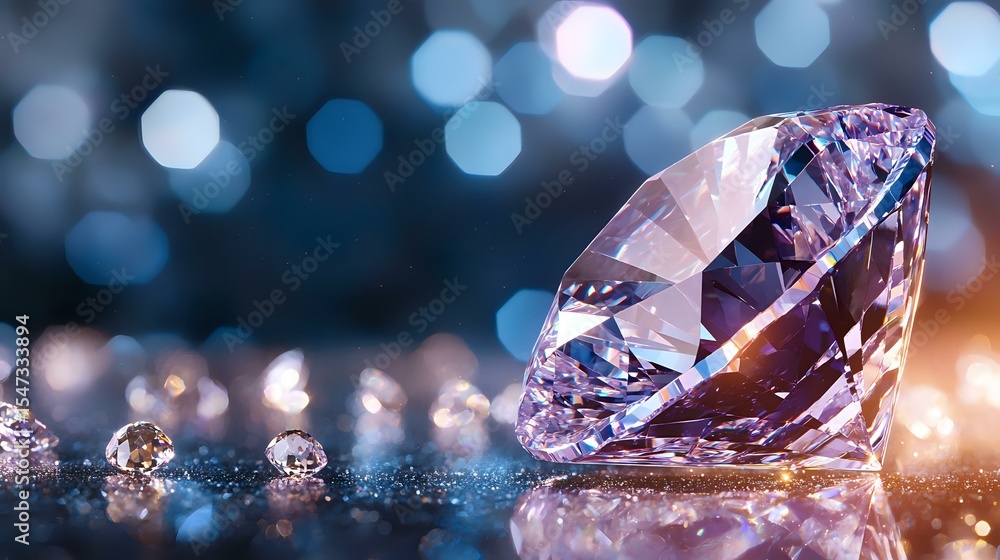 Poster large sparkling diamond with smaller gems on reflective surface against blurred blue bokeh backgroun