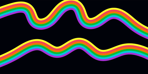 LGBT progress flag banner. Abstract wave ribbon in rainbow flag colors on isolated black background with copy space. Vector design template for pride month poster, card