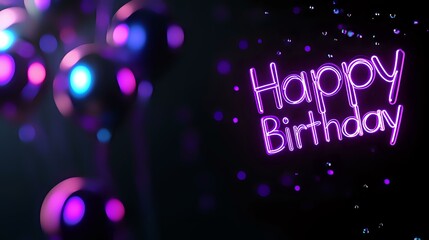 Glowing neon pink Happy Birthday text on dark background with blurred bokeh lights and sparkles creates festive party atmosphere for celebration designs.