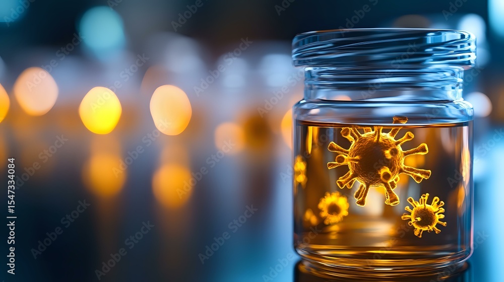 Aufkleber glass jar with glowing virus cell structure against blurred bokeh lights background, creating scient
