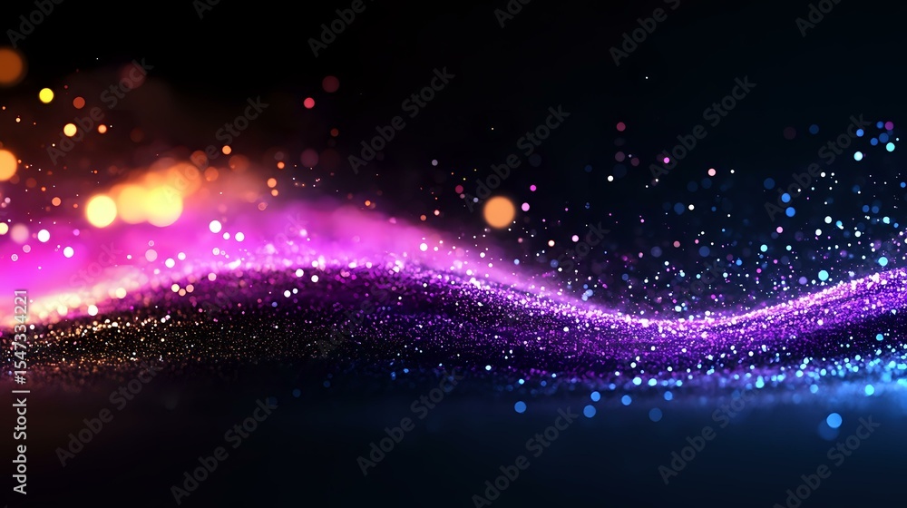 Poster glowing abstract wave with colorful particles and bokeh lights flowing on dark background, magical p