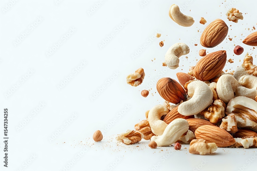 Poster mixed nuts scattered on white background with almonds, cashews and walnuts in dynamic composition wi