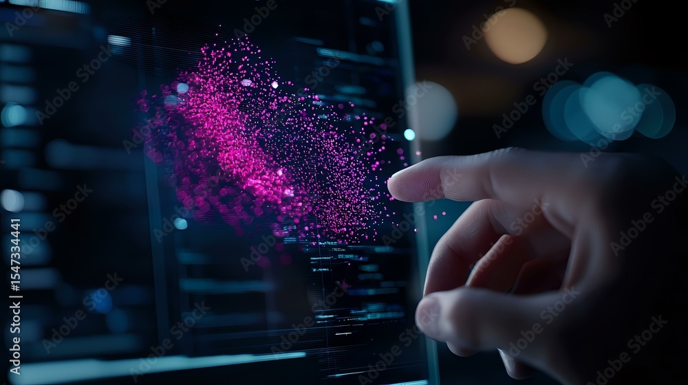 Poster finger touching glowing pink particle visualization on digital screen with data analytics interface 