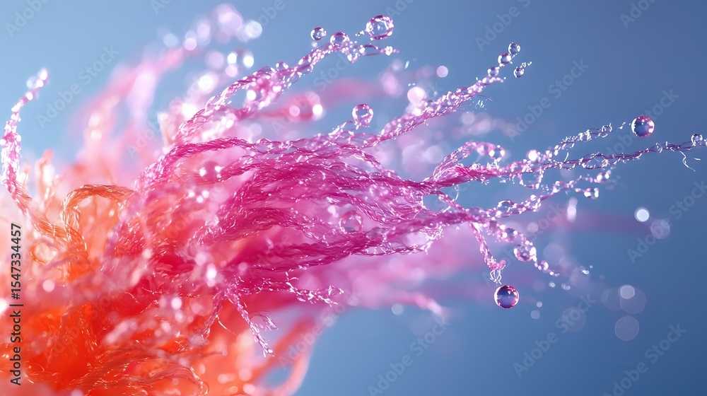 Poster dynamic pink and orange liquid splash with water droplets frozen in motion against blue background, 