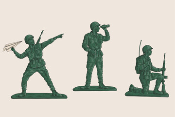 Children's toys plastic soldiers in camouflage with weapons are fighting