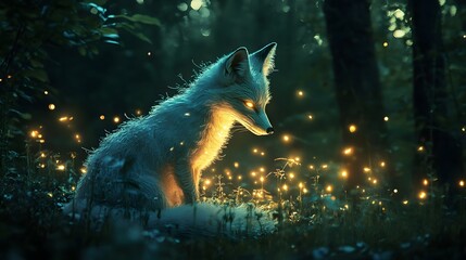 A magical fox spirit glowing in the dark forest 