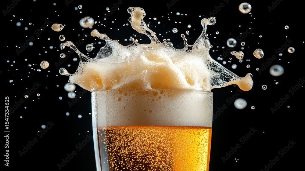 Poster this image captures a thrilling splash of foamy beer, frozen in time, creating an invigorating visua