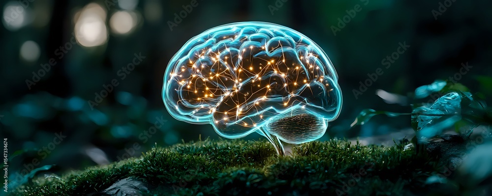Poster glowing brain shape with golden neural connections on green moss in dark forest environment, represe